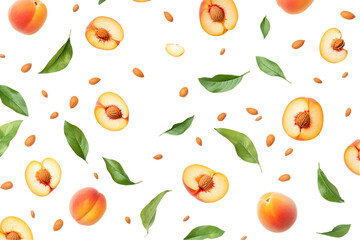 Fresh ripe peaches, leaves, and peach pits on a transparent background, PNG
