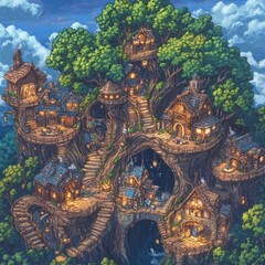 A beautiful village is built inside a giant tree with homes