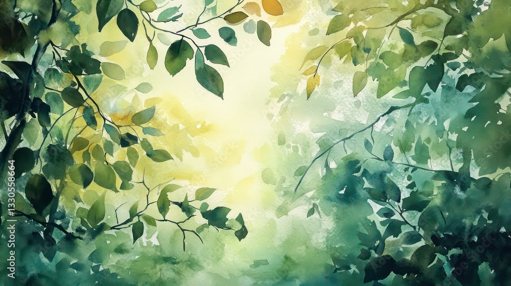 Poster sunlight filtering through lush forest canopy. watercolor style. possible use nature background