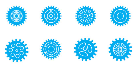 Gear setting vector icon set. Isolated black gears mechanism and cog wheel on white background. Progress or construction concept. Cogwheel icons UI vector.