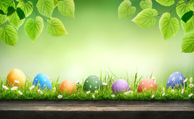 Seven painted easter eggs celebrating a Happy Easter on a spring day with a green grass meadow, bright sunlight, tree leaves  with copy space and a wooden bench to display products.