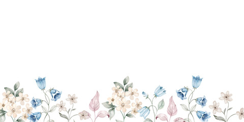 A delicate watercolor border featuring bellflowers and wildflowers in soft pastel tones of beige, dusty pink and blue. bellflowers border, clipart isolated on white, greeting card background