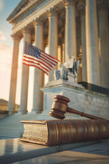 Symbolic Representation of US Laws: The Supreme Court, Law Book, Gavel, and American Flag