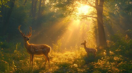 Majestic deer pair in sunlit forest clearing.