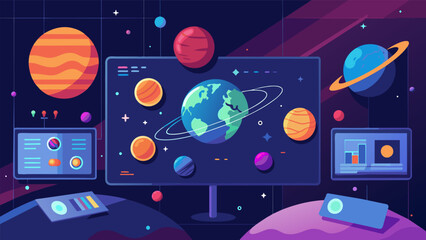 At a science museum an interactive data wall presents realtime updates on the planets and solar system allowing visitors to explore space in a visually engaging way.. Vector illustration