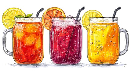 Fruit drinks in mason jars on white