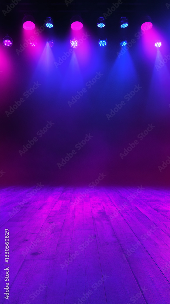 Poster empty wooden stage illuminated by blue and purple spotlights creating a vibrant and dramatic atmosph