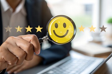 Customer review satisfaction feedback survey concept to gather insights and improve its services. A magnifying glass focuses on smile face among different feedback emoticons on yellow background