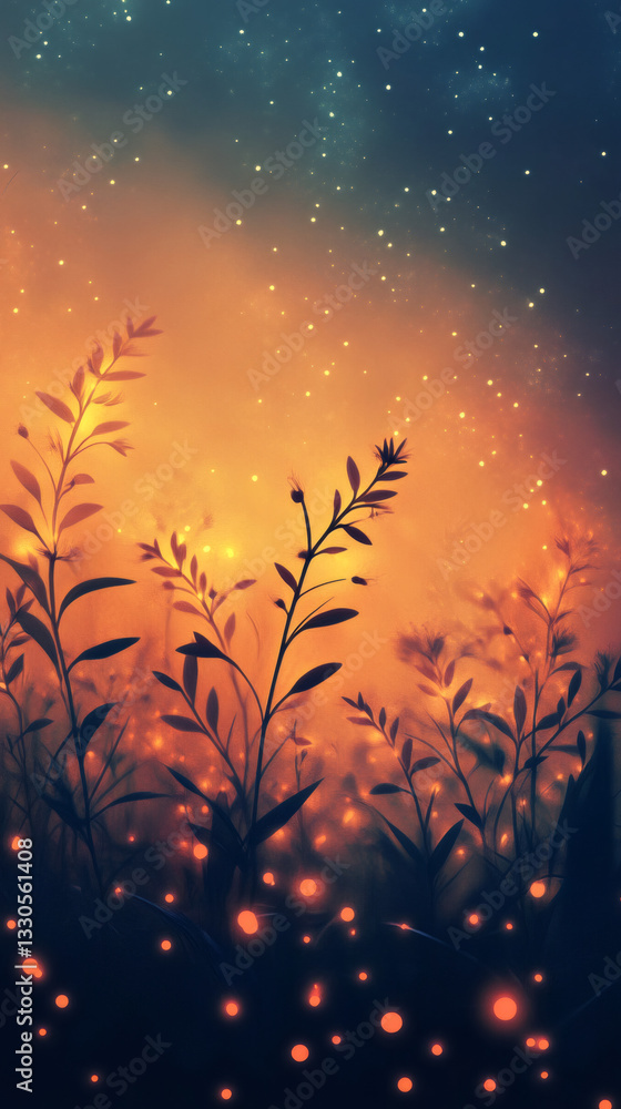 Poster magical fireflies illuminating plants during twilight under a starry sky, creating a dreamy and ench