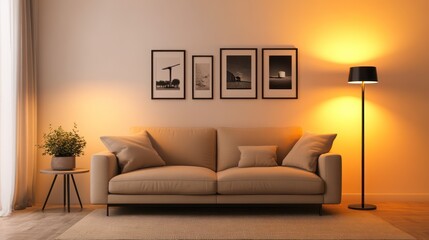 A contemporary living room with a beige sofa, framed black-and-white photos on the wall, and soft ambient lighting from a standing floor lamp