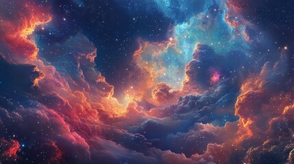 Obraz premium A vibrant cosmic tapestry with swirling celestial clouds and glittering stars.