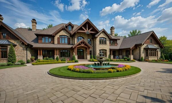 Magnificent luxury mansion with elegant stone architecture surrounded by lush gardens under a bright blue sky with scenic driveway and perfect landscaping. 