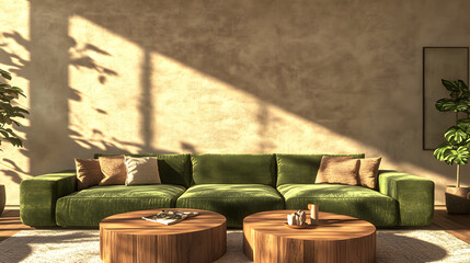 Sunlit Modern Living Room with Green Velvet Sofa and Wooden Coffee Tables