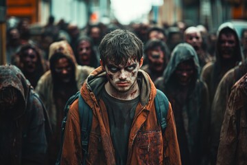 Obraz premium Young Man Walks Through Horde of Grotesque Figures. Scary faces covered with wounds in the city.