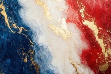 Obraz premium Red white blue paint swirls with gold glitter. Liquid art abstract background. Acrylic pouring with marble texture. Colorful backdrop.