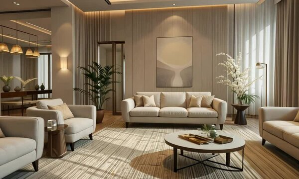 Modern elegant living room with a minimalist neutral palette, warm ambient lighting, cozy seating, and stylish contemporary decor elements. 