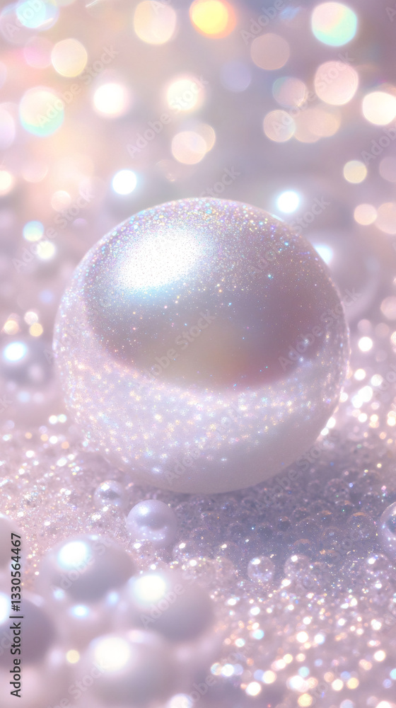 Poster large pearl nestling among smaller pearls and glittering background, radiating luxury with soft boke