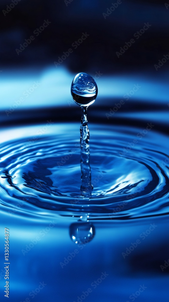 Poster droplet falling into water, creating mesmerizing ripples against a dark blue background, capturing t
