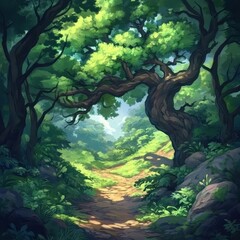 A winding forest path leads through lush greenery towards the light