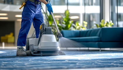 Professional cleaning with a powerful vacuum on a rug. Commercial grade carpet cleaning in a modern lobby. Concept of professional cleanliness, thorough maintenance, and commercial cleaning services
