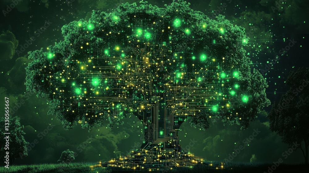 Poster technology tree, artificial intelligence tree with circuit board connections.