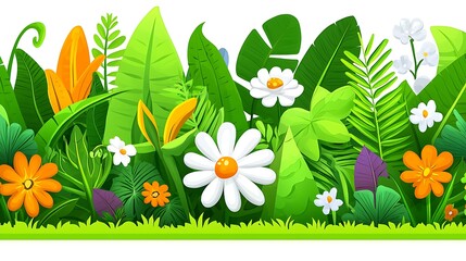 Cartoon jungle flowers and leaves border on white background for design or decoration
