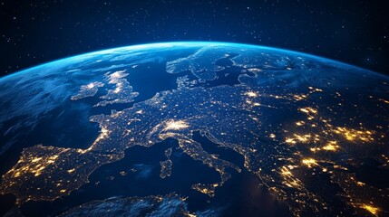 Earth at night glows with light from cities in Europe, including Italy, Germany, Poland, England, Belgium, Turkey, and Moscow, highlighting business and communication on our beautiful blue planet.
