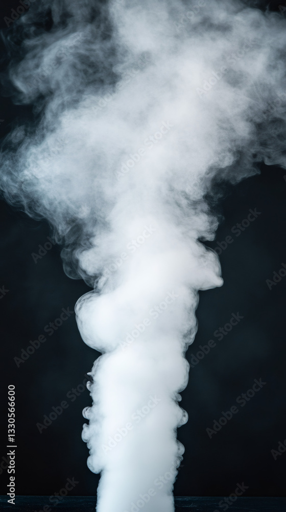 Poster White smoke column rising and swirling on a dark background, creating an abstract and mysterious atmosphere