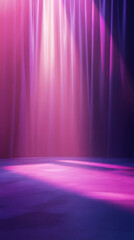 Fototapeta premium Stage curtains draped in darkness, softly glowing with pink and purple spotlights casting dramatic theatrical lighting