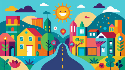 A street art project in a lowincome neighborhood using vibrant colors and positive imagery to uplift and empower the communitys mental wellbeing.. Vector illustration