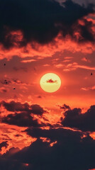 Birds flying over dramatic sunset sky, crimson and orange lighting landscape with silhouetted wings sweeping across vibrant cloudscape