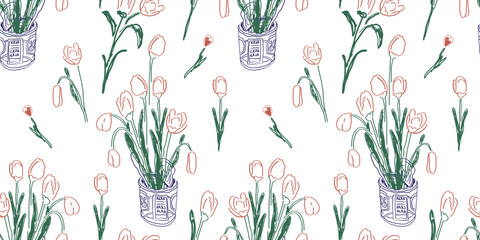 Seamless pattern with tulip flower bouquet in hand drawn style.Element for decoration design mail posts postcards poster print invitation background backdrop wrapping wallpaper banner textile