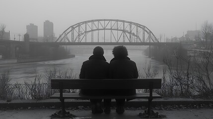 Couple sits on bench in city, bridge background
