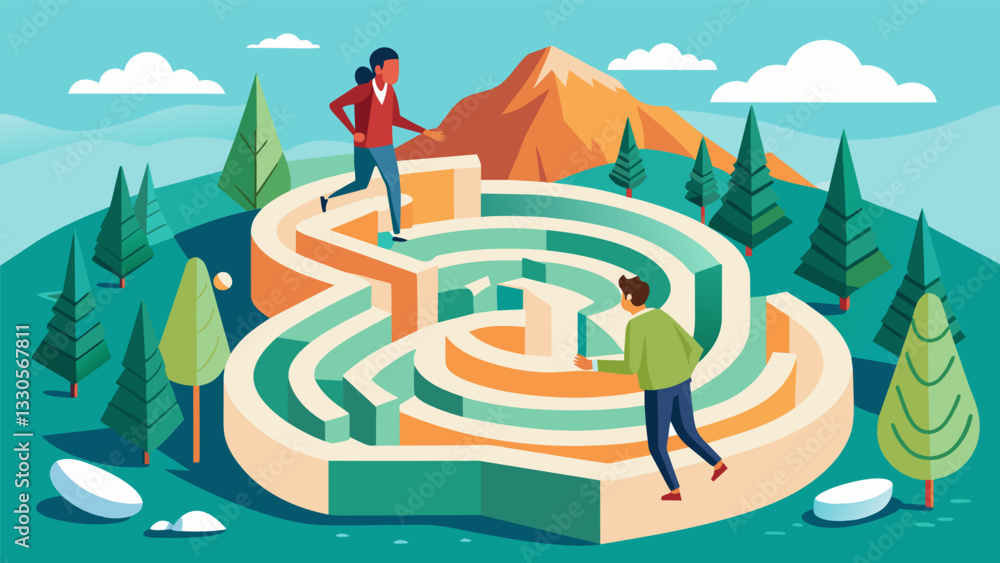 Poster a the guides her client through a labyrinth using the winding paths and natural surroundings as a me