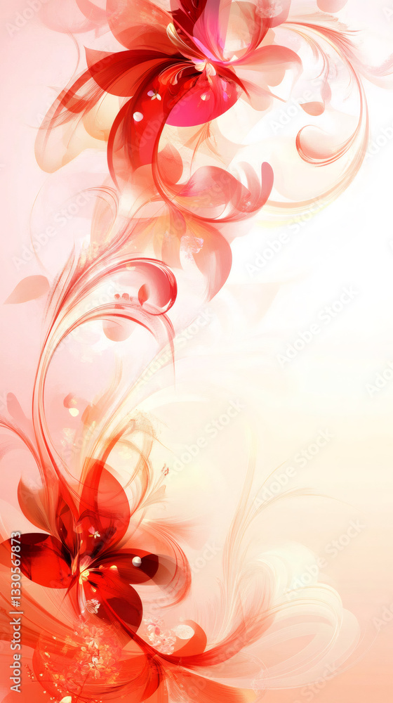 Poster Vibrant red fractal pattern swirling vertically with luminous ornamental shapes against soft orange-white gradient backdrop