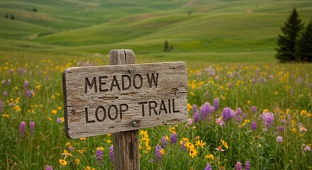 Meadow Loop Trail Sign in Wildflower Field Landscape Scene