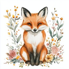 Fototapeta premium Cute watercolor fox illustration with floral elements