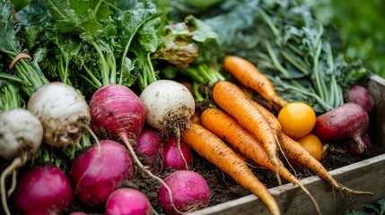 Freshly picked vegetables from the garden, ready to cook. They're grown naturally and without chemicals. Eating healthy and fresh is part of a sustainable lifestyle.