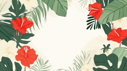 Fototapeta premium Vibrant Tropical Floral Frame: Hibiscus and Palm Leaves