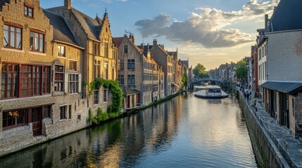 Fototapeta premium Ghent, a medieval city in Belgium, has charming canals lined with historic buildings. Despite its rich history, it remains a hidden gem, less well-known than other European cities.