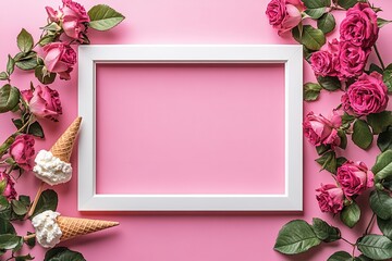 Colorful pink background with a white frame, ice cream cones with rose flowers on the right side. Flat lay mockup with copy space for design concept