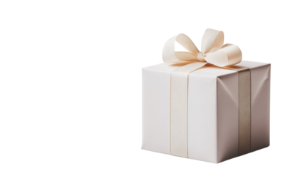 Gift-wrapped white present with a cream ribbon set against a minimalistic background