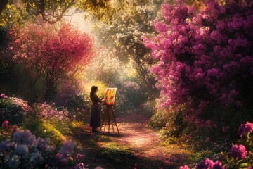 A woman engrossed in painting at an easel in a sunlit garden, serenity.