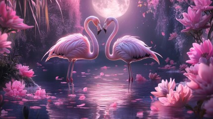 In a magical, moonlit lake surrounded by vibrant pink flowers, a pair of elegant flamingos stand close together, their delicate feathers shimmering in the ethereal glow.