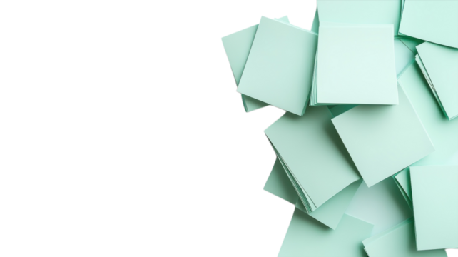 Stacked mint green sticky notes scattered on a white background in an office setting
