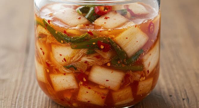 Preparing Fermented Cabbage Dish with Chili in a Glass Jar