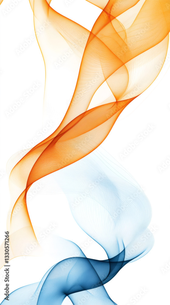 Poster Flowing orange and blue waves intersecting dynamically against pristine white surface