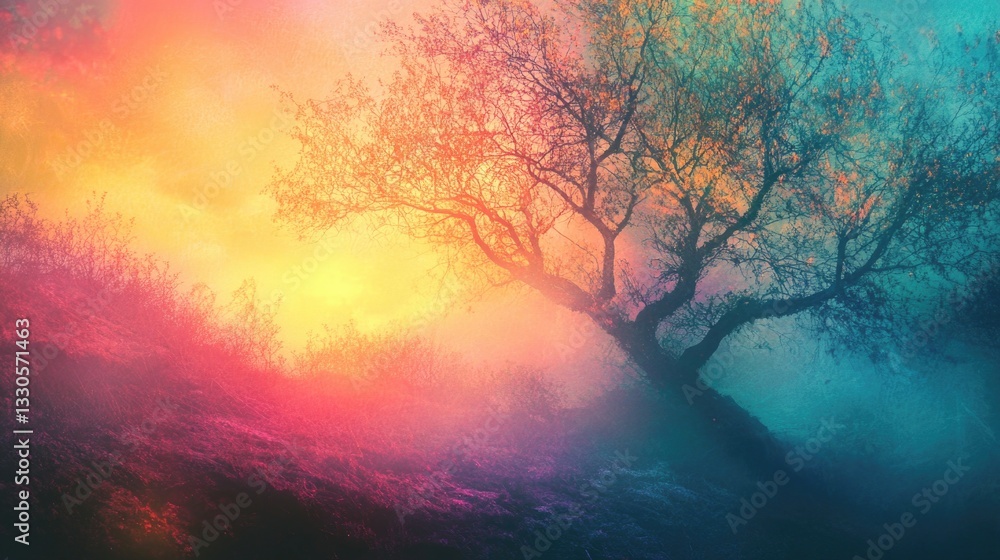 Poster a single tree standing in a green field with a vibrant colorful sky in the background