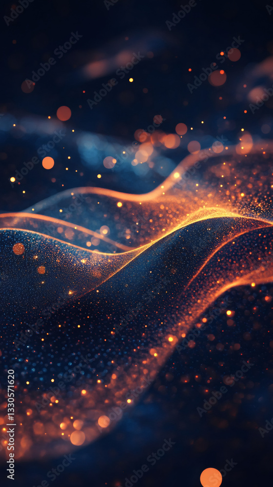 Fototapete Abstract background with glowing particles forming wavy lines and bokeh effect, ideal for technology, science, and innovation themes