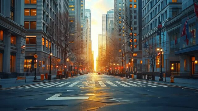 Sunrise Cityscape: Empty Street in New York